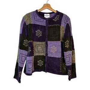 VTG Christopher Banks Patchwork Hand Embroidered Cardigan Sweater Size Large Y2K